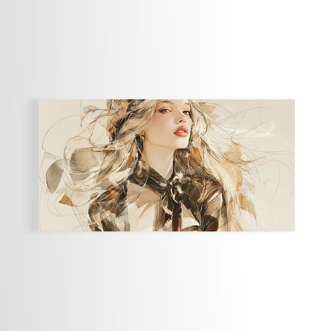 Fashion Portrait with Flowing Glossy Hair Canvas Print, Hair Salon Art, Modern Art, Living Room Decor, Fine Art, Style, HSA-2x1-69