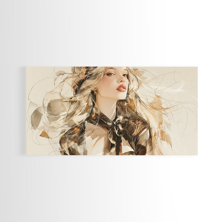 Fashion Portrait with Flowing Glossy Hair Canvas Print, Hair Salon Art, Modern Art, Living Room Decor, Fine Art, Style, HSA-2x1-69