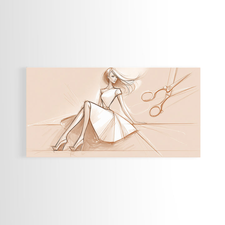 Black and White Line Art Salon Figure Framed Canvas Print, Hair Salon Art, Statement Artwork, Living Room Decor, Oil Painting, HSA-2x1-75