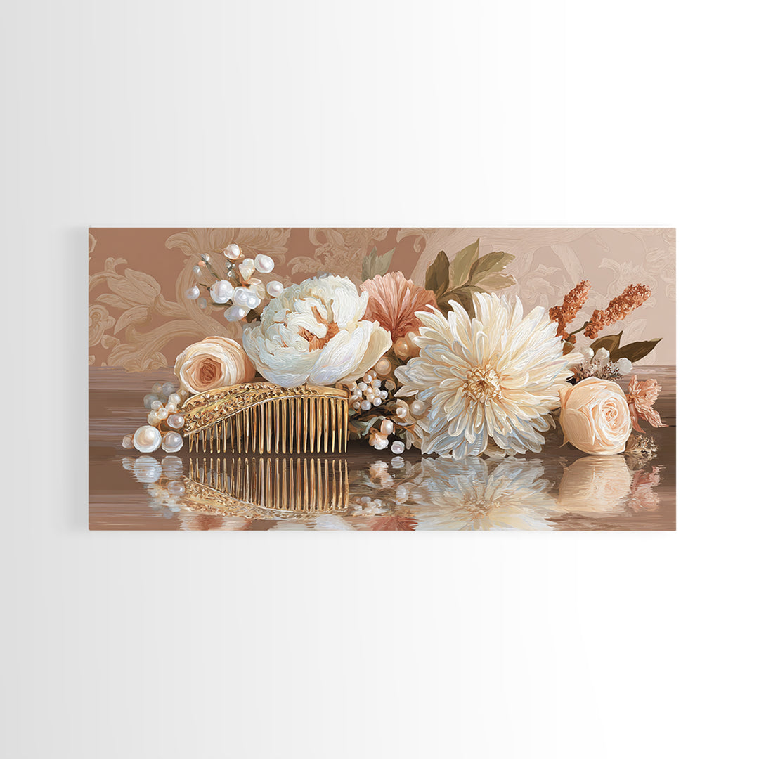 Baroque Mirror and Comb Still Life Framed Canvas Print, Hair Salon Art, Printable Art, Living Room Decor, Fine Art, Style, HSA-2x1-85