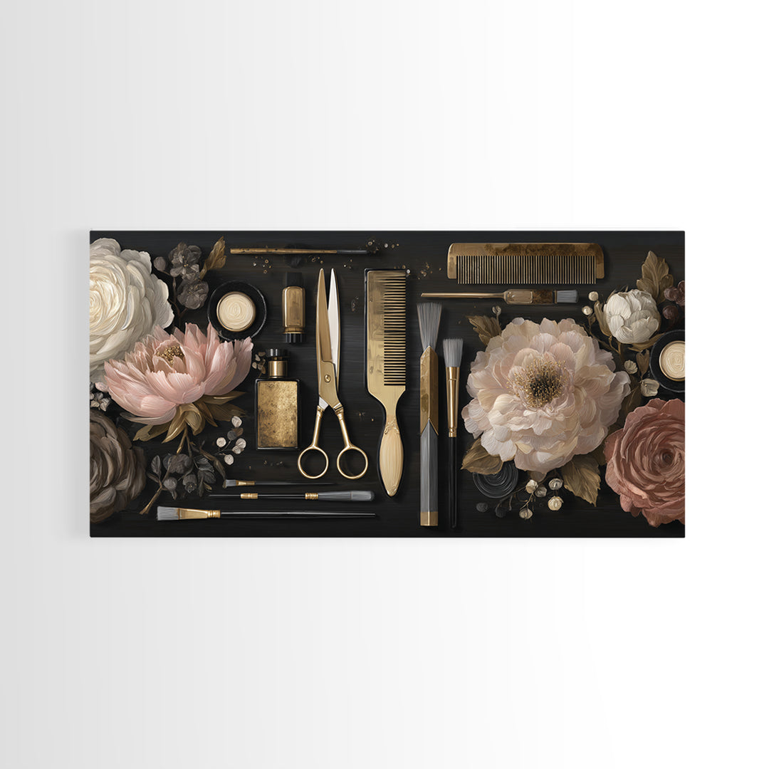 Luxury Black and Gold Beauty Emblem Framed Canvas Print, Hair Salon Art, African American Art, Living Room Decor, Oil Painting, HSA-2x1-92