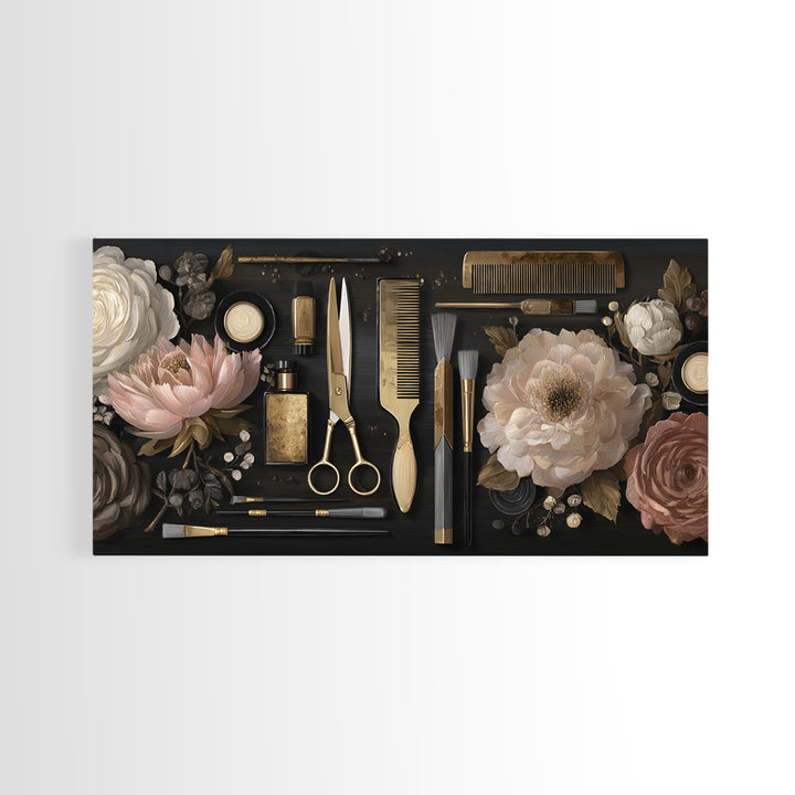 Luxury Black and Gold Beauty Emblem Framed Canvas Print, Hair Salon Art, African American Art, Living Room Decor, Oil Painting, HSA-2x1-92