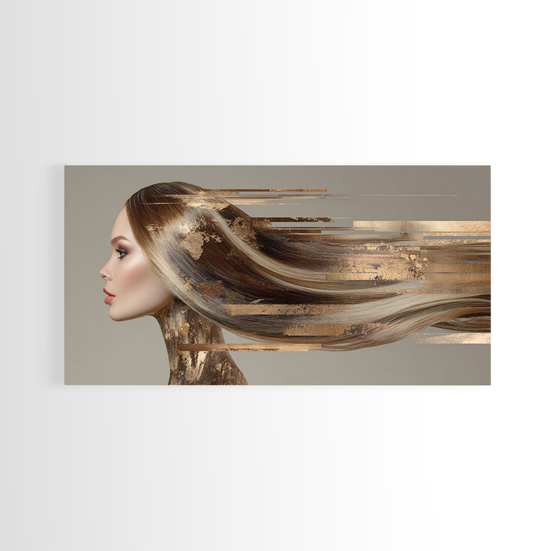 Fashion Portrait with Flowing Glossy Hair Canvas Print, Hair Salon Art, Modern Art, Living Room Decor, Fine Art, Style, HSA-2x1-93