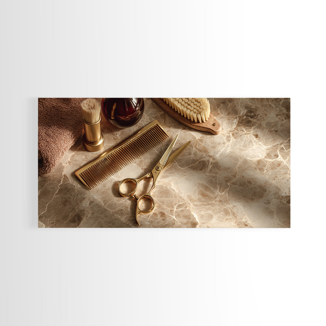 Gold Scissors and Comb Still Life on Canvas Print, Hair Salon Art, Wall Decor, Living Room Decor, Fine Art, Style, African Art, HSA-2x1-94