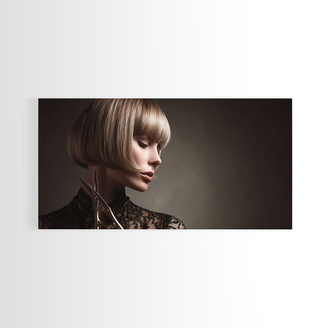 Woman with Dramatic Bob Haircut in Art Framed Canvas Print, Hair Salon Art, Black and White Art, Living Room Decor, Style, HSA-2x1-96
