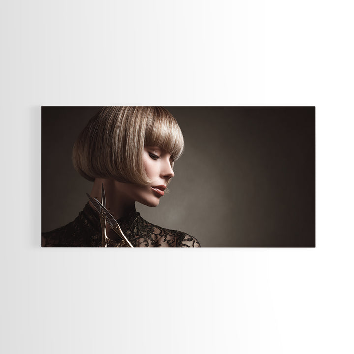 Woman with Dramatic Bob Haircut in Art Framed Canvas Print, Hair Salon Art, Black and White Art, Living Room Decor, Style, HSA-2x1-96