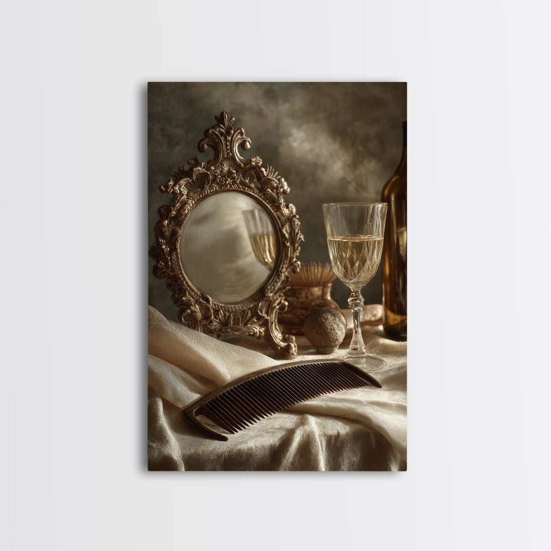 Baroque Mirror and Comb Still Life Framed Canvas Print, Hair Salon Art, Wall Art, Living Room Decor, Fine Art, Style, HSA-2x3-25