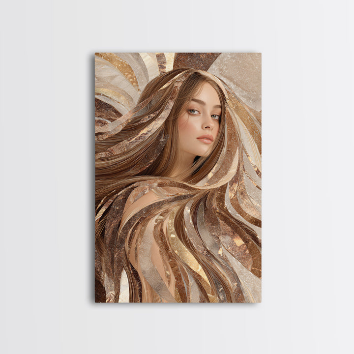 Fashion Portrait with Flowing Glossy Hair Framed Canvas Print, Hair Salon Art, Metal Wall Art, Living Room Decor, Style, HSA-2x3-33