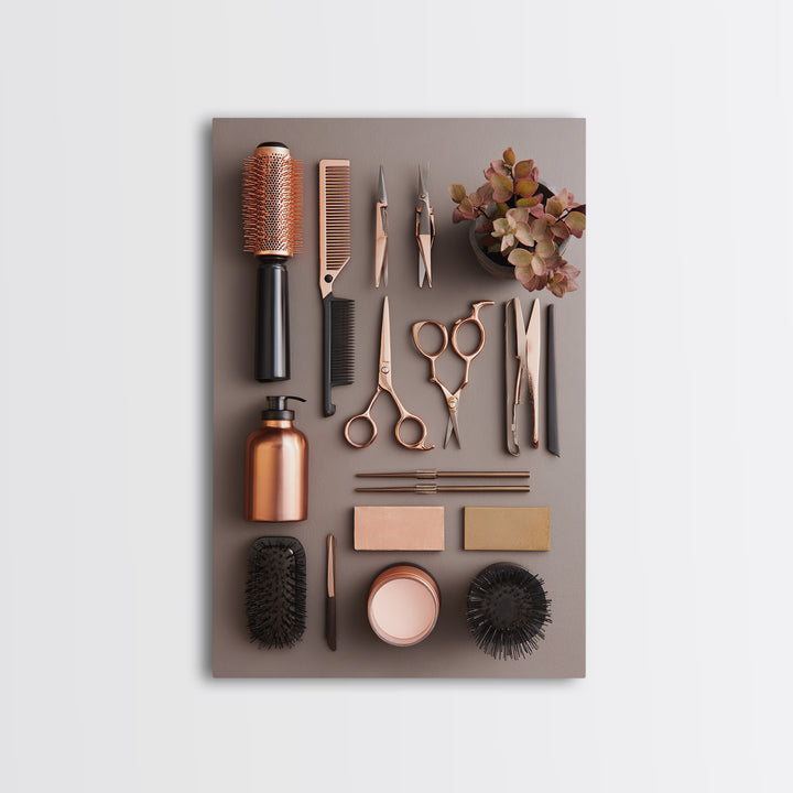 Rose Gold Salon Tool Still Life Framed Canvas Print, Hair Salon Art, Textured Painting, Living Room Decor, Fine Art, Style, HSA-2x3-46