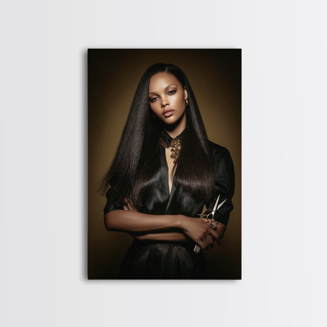 Luxury Black and Gold Beauty Emblem Framed Canvas Print, Hair Salon Art, Gallery Decor, Living Room Decor, Abstract Art, Style, HSA-2x3-56
