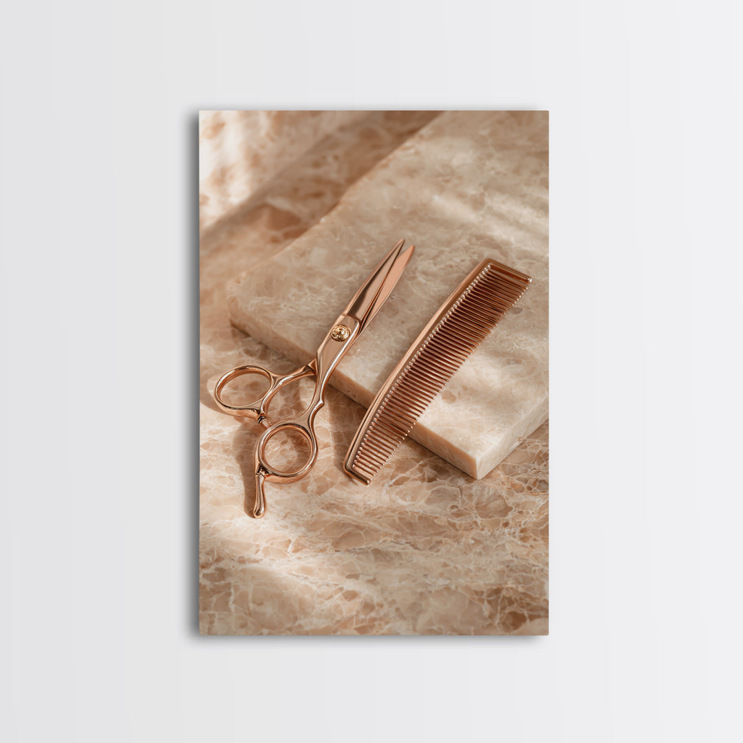 Gold Scissors and Comb Still Life on Canvas Print, Hair Salon Art, Art Print, Living Room Decor, Style, Black Owned Art, HSA-2x3-58