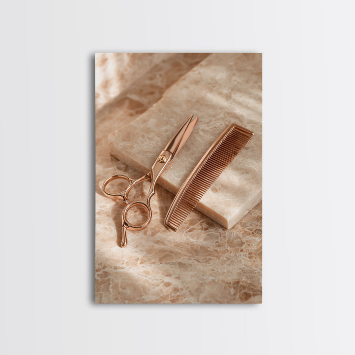 Gold Scissors and Comb Still Life on Canvas Print, Hair Salon Art, Art Print, Living Room Decor, Style, Black Owned Art, HSA-2x3-58