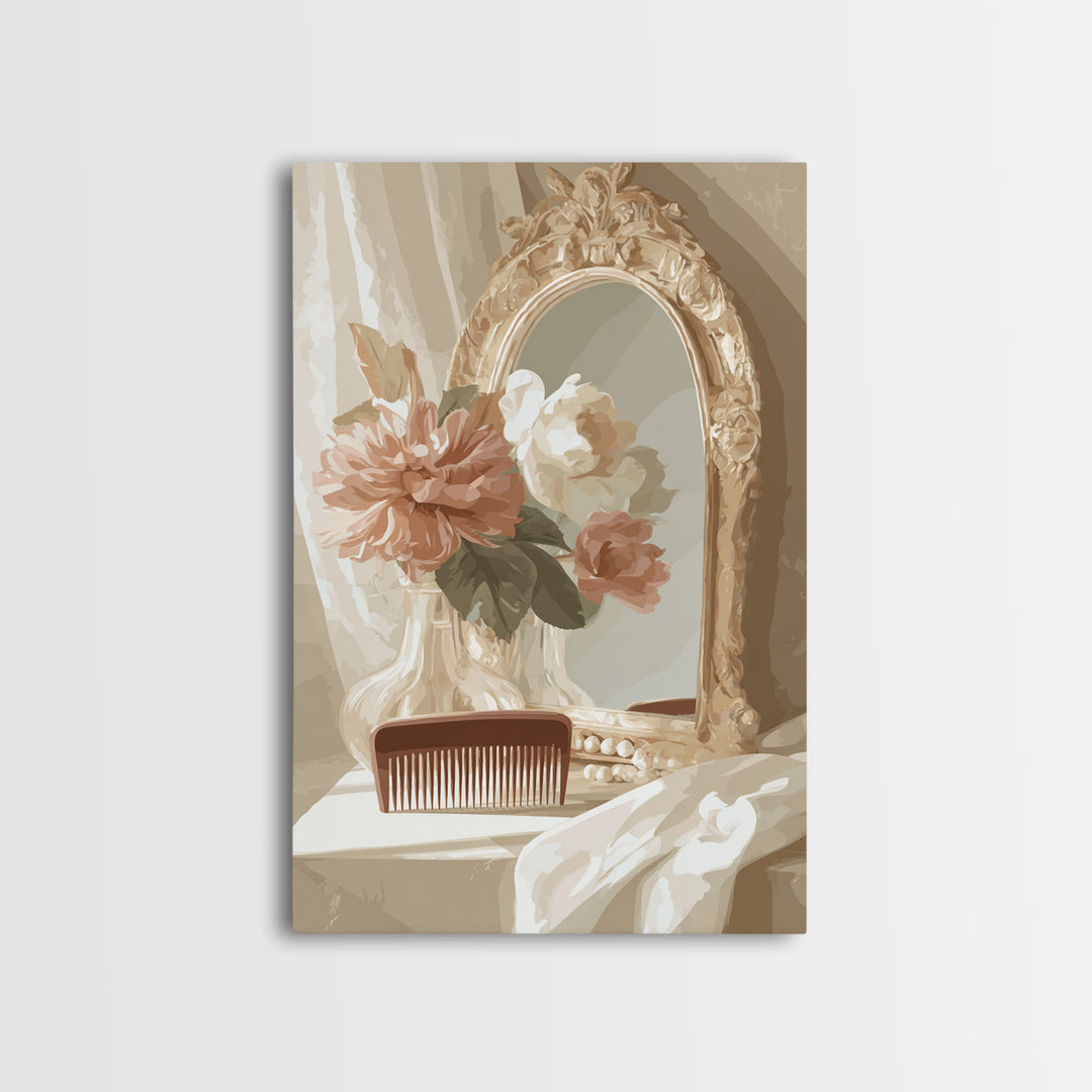 Baroque Mirror and Comb Still Life Framed Canvas Print, Hair Salon Art, Modern Art, Living Room Decor, Fine Art, Style, HSA-2x3-73