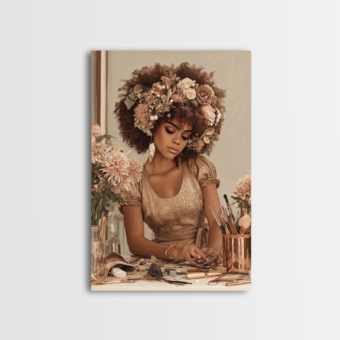 Afro Hair Portrait Framed Canvas Print, Hair Salon Art, African Art, Living Room Decor, Fine Art, Style, Girls Room Decor, HSA-2x3-76