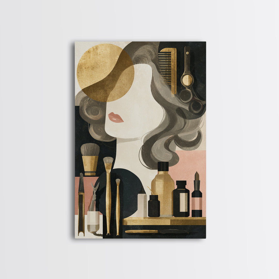 Luxury Black and Gold Beauty Emblem Framed Canvas Print, Hair Salon Art, Living Room Decor, Watercolor Art, Style, HSA-2x3-80