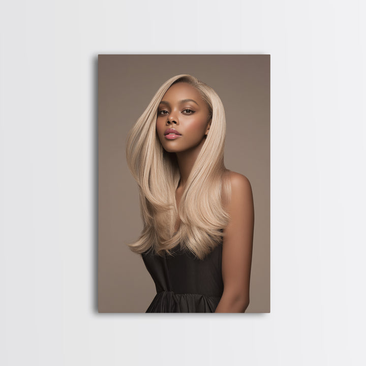 Fashion Portrait with Flowing Glossy Hair Canvas Print, Hair Salon Art, African American Art, Living Room Decor, Style, HSA-2x3-81