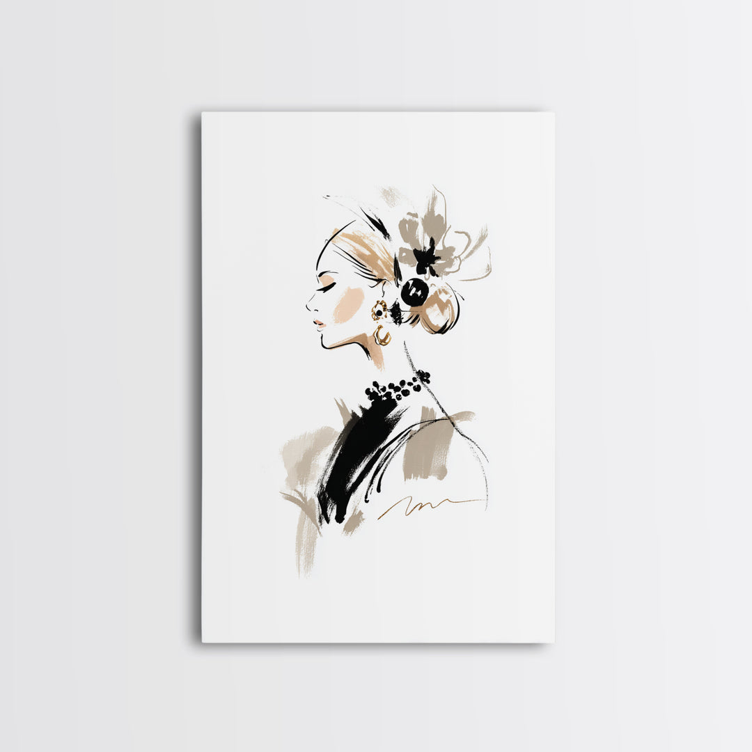 Black and White Line Art Salon Figure Framed Canvas Print, Hair Salon Art, African Art, Living Room Decor, Fine Art, Style, HSA-2x3-87