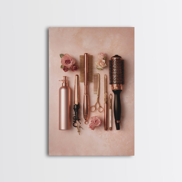 Rose Gold Salon Tool Still Life Framed Canvas Print, Hair Salon Art, Metal Wall Art, Living Room Decor, Fine Art, Style, HSA-2x3-94