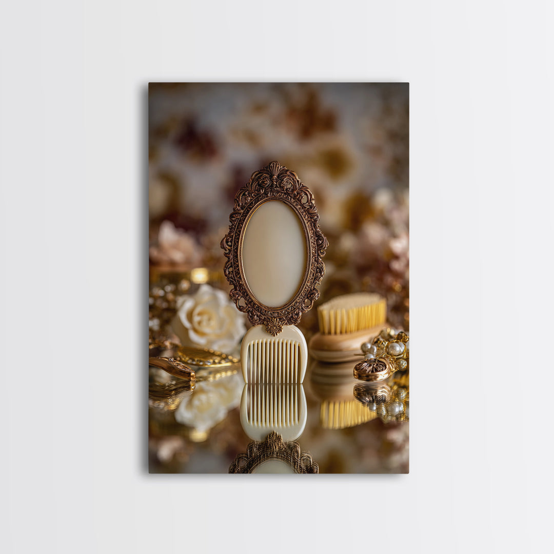 Baroque Mirror and Comb Still Life Framed Canvas Print, Hair Salon Art, Modern Art, Living Room Decor, Fine Art, Style, HSA-2x3-97