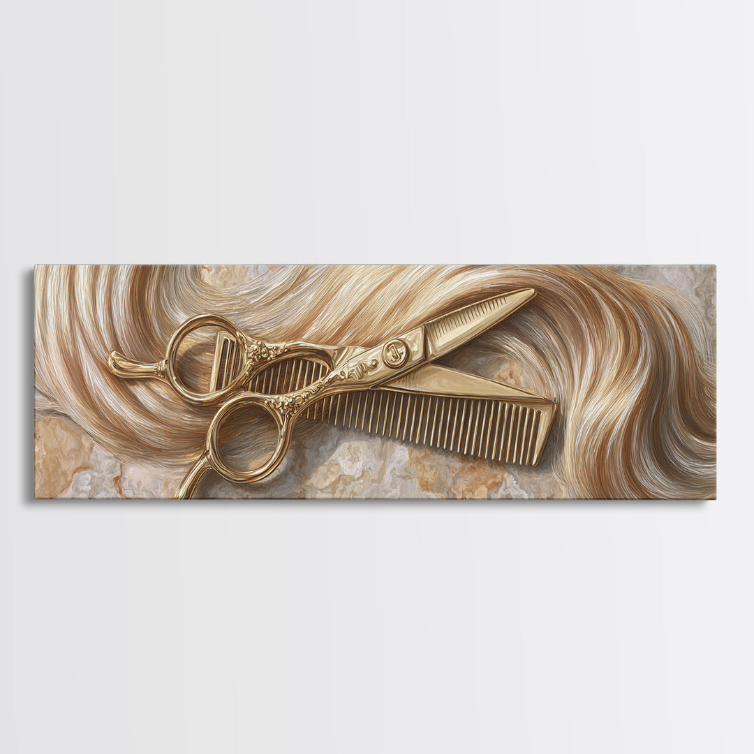 Gold Scissors and Comb Still Life on Framed Canvas Print, Hair Salon Art, Black Art, Living Room Decor, Fine Art, Style, HSA-3x1-18