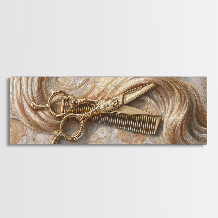Gold Scissors and Comb Still Life on Framed Canvas Print, Hair Salon Art, Black Art, Living Room Decor, Fine Art, Style, HSA-3x1-18
