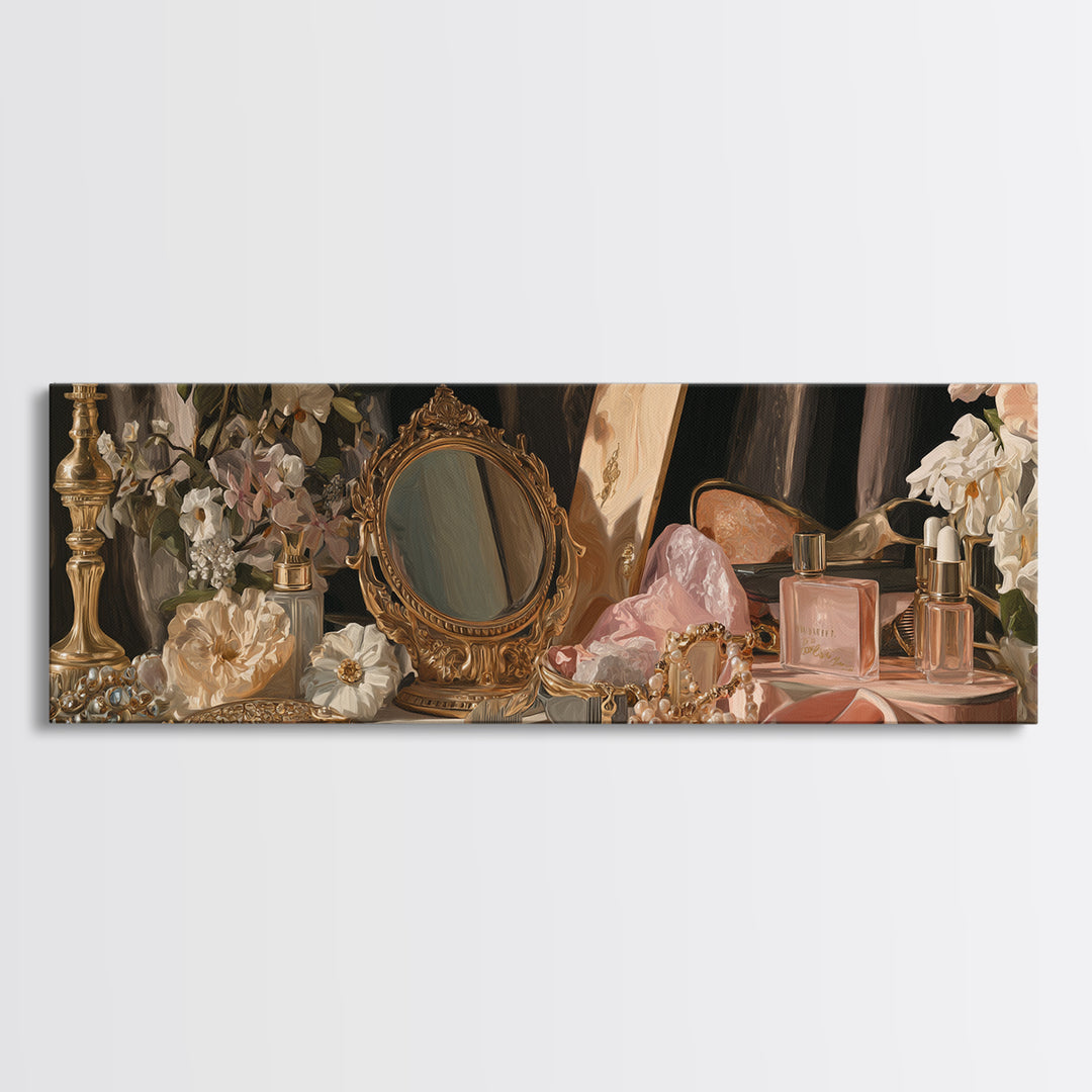 Baroque Mirror and Comb Still Life Canvas Print, Hair Salon Art, African Art, Living Room Decor, Style, Girls Room Decor, HSA-3x1-33
