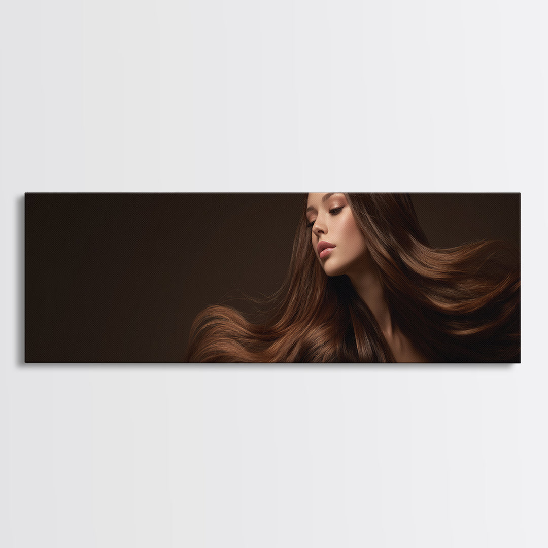Fashion Portrait with Flowing Glossy Hair Canvas Print, Hair Salon Art, Afrocentric Art, Living Room Decor, Fine Art, Style, HSA-3x1-41