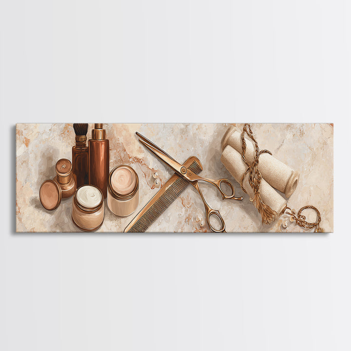 Gold Scissors and Comb Still Life on Canvas Print, Hair Salon Art, Black Art Prints, Living Room Decor, Fine Art, Style, HSA-3x1-42