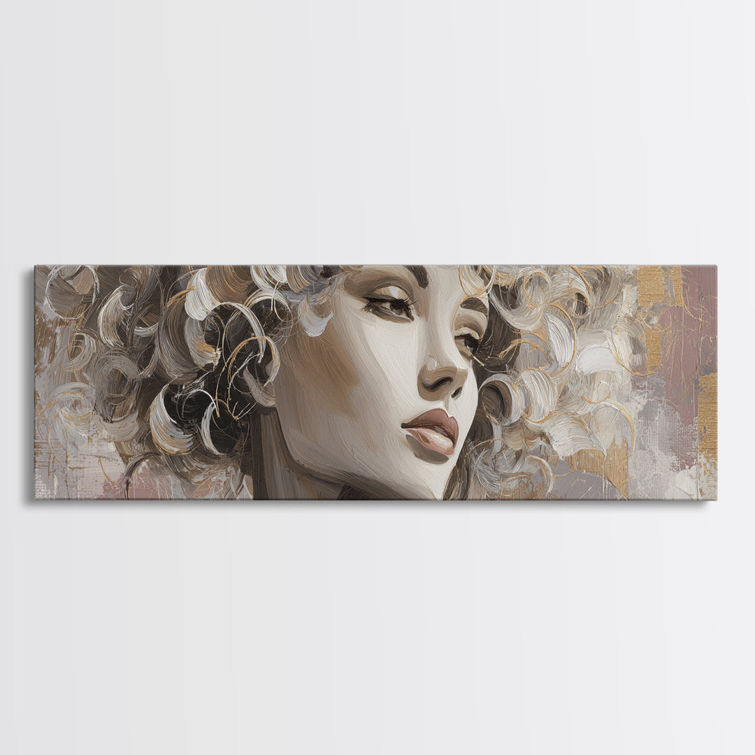 Curly Hair Portrait Framed Canvas Print, Hair Salon Art, Contemporary Art, Living Room Decor, Fine Art, Style, Modern Art, HSA-3x1-55