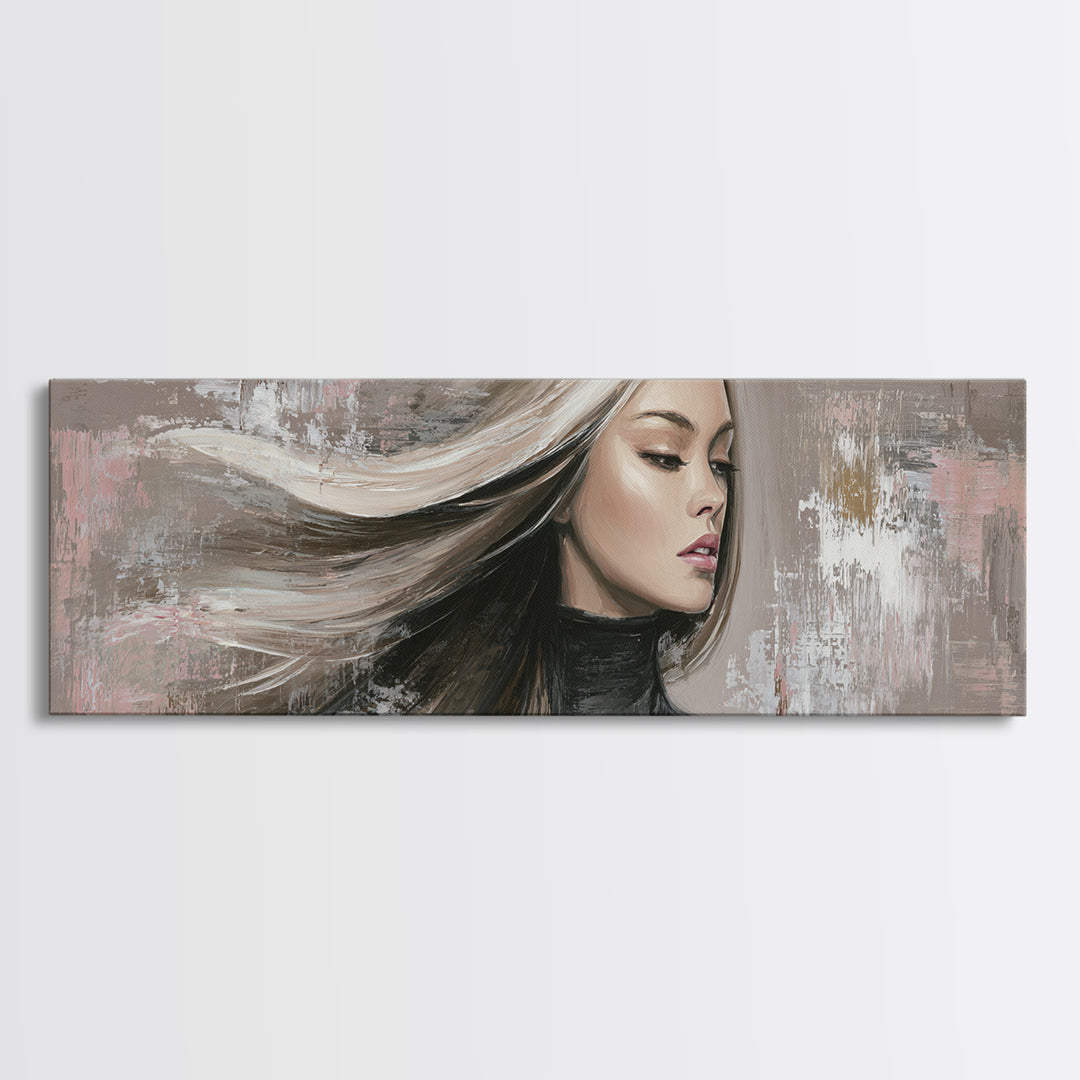 Fashion Portrait with Flowing Glossy Hair Canvas Print, Hair Salon Art, Afrocentric Art, Living Room Decor, Fine Art, Style, HSA-3x1-65