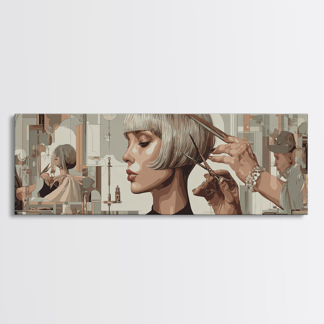 Woman with Dramatic Bob Haircut in Art Framed Canvas Print, Hair Salon Art, Contemporary Art, Living Room Decor, Style, HSA-3x1-68