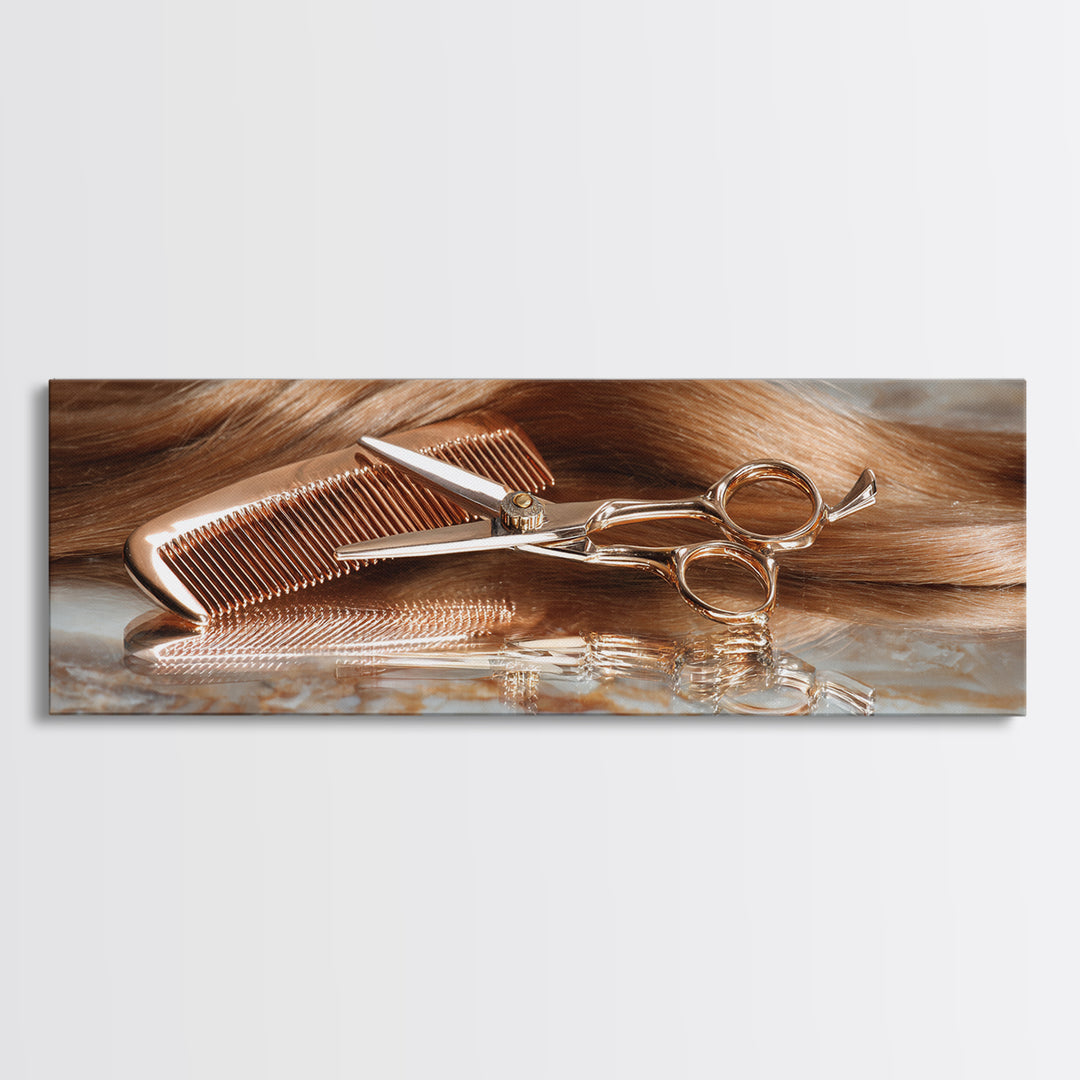 Rose Gold Salon Tool Still Life Canvas Print, Hair Salon Art, Art, Living Room Decor, Fine Art, Style, Black Art Prints, HSA-3x1-78