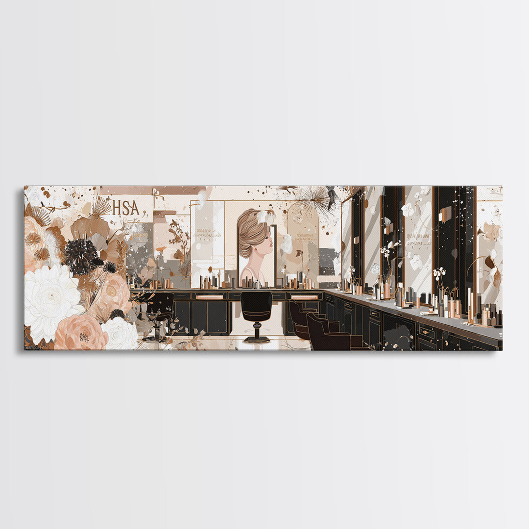 Luxury Black and Gold Beauty Emblem Canvas Print, Hair Salon Art, Minimalist Decor, Living Room Decor, Oil Painting, Style, HSA-3x1-88