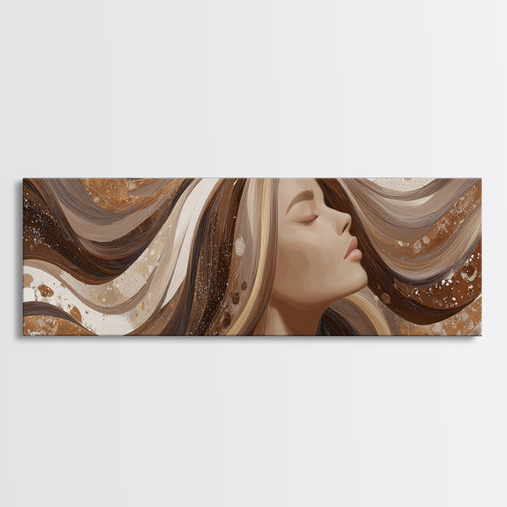 Fashion Portrait with Flowing Glossy Hair Framed Canvas Print, Hair Salon Art, Salon, Living Room Decor, Fine Art, Style, HSA-3x1-89