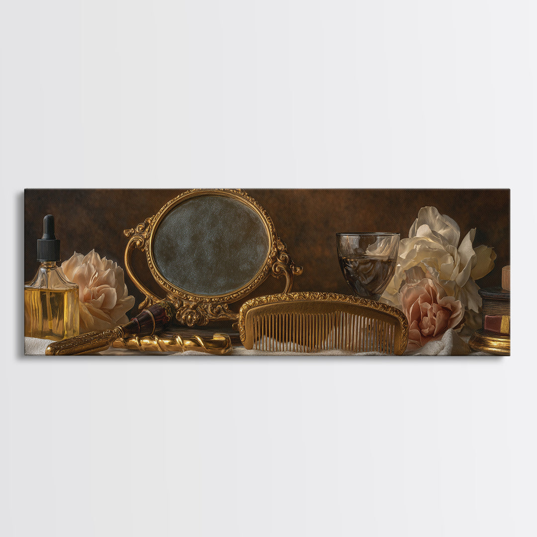 Baroque Mirror and Comb Still Life Framed Canvas Print, Hair Salon Art, Printable Art, Living Room Decor, Fine Art, Style, HSA-3x1-9