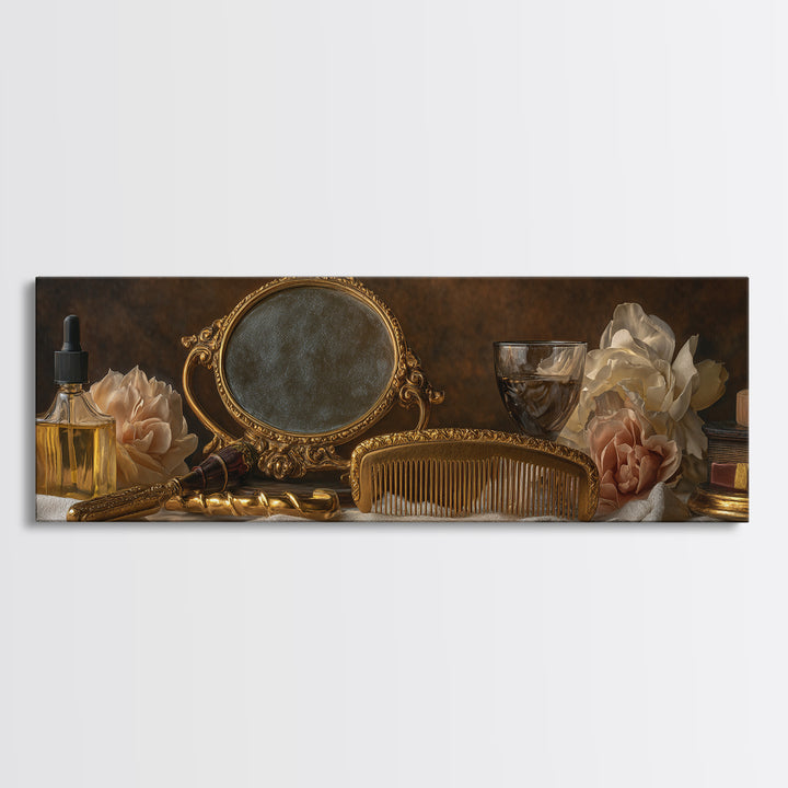 Baroque Mirror and Comb Still Life Framed Canvas Print, Hair Salon Art, Printable Art, Living Room Decor, Fine Art, Style, HSA-3x1-9