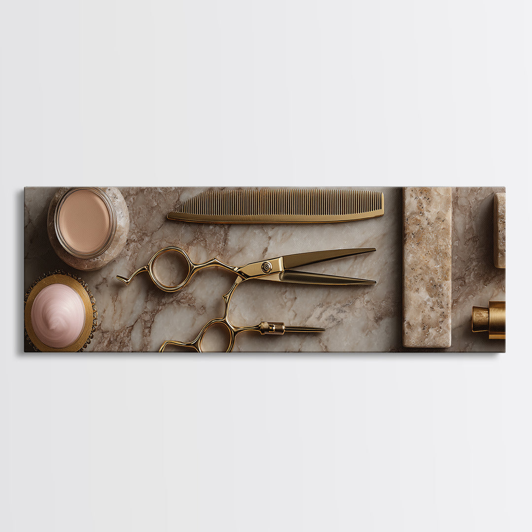 Gold Scissors and Comb Still Life on Framed Canvas Print, Hair Salon Art, Black and White Art, Living Room Decor, Style, HSA-3x1-90