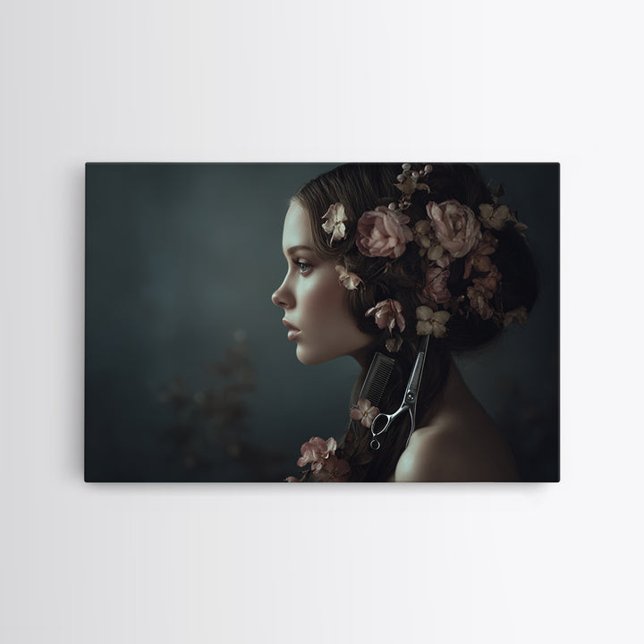 Botanical Hairstyle Portrait Framed Canvas Print, Hair Salon Art, Modern Art, Living Room Decor, Oil Painting, Style, HSA-3x2-10