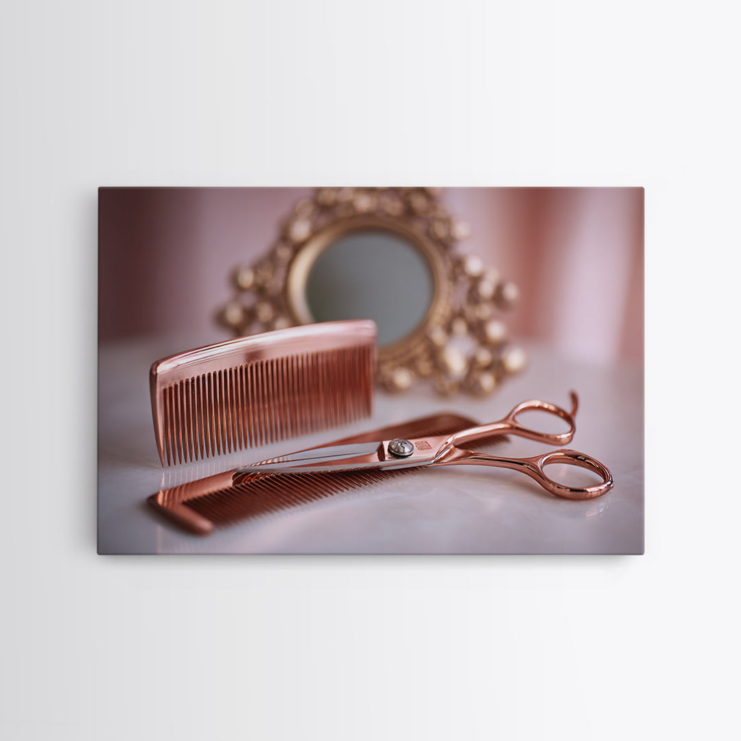 Rose Gold Salon Tool Still Life Framed Canvas Print, Hair Salon Art, Metal Wall Art, Living Room Decor, Fine Art, Style, HSA-3x2-18