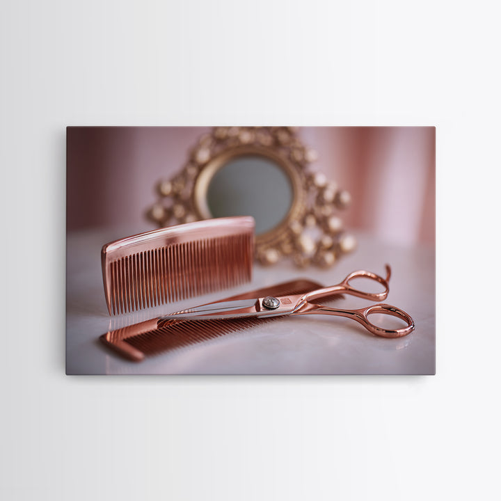 Rose Gold Salon Tool Still Life Framed Canvas Print, Hair Salon Art, Metal Wall Art, Living Room Decor, Fine Art, Style, HSA-3x2-18