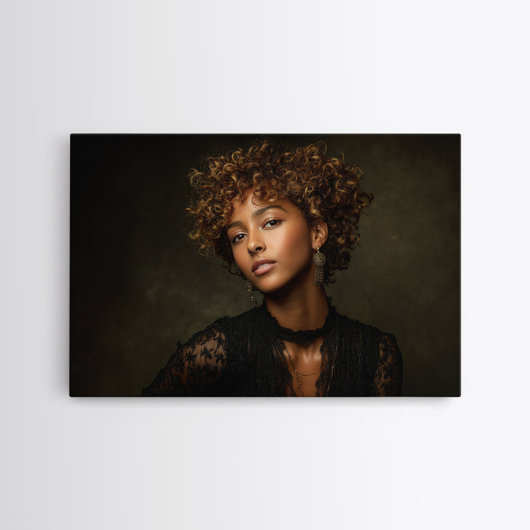 Curly Hair Portrait Framed Canvas Print, Hair Salon Art, Afrocentric Art, Living Room Decor, Fine Art, Style, Statement Artwork, HSA-3x2-19