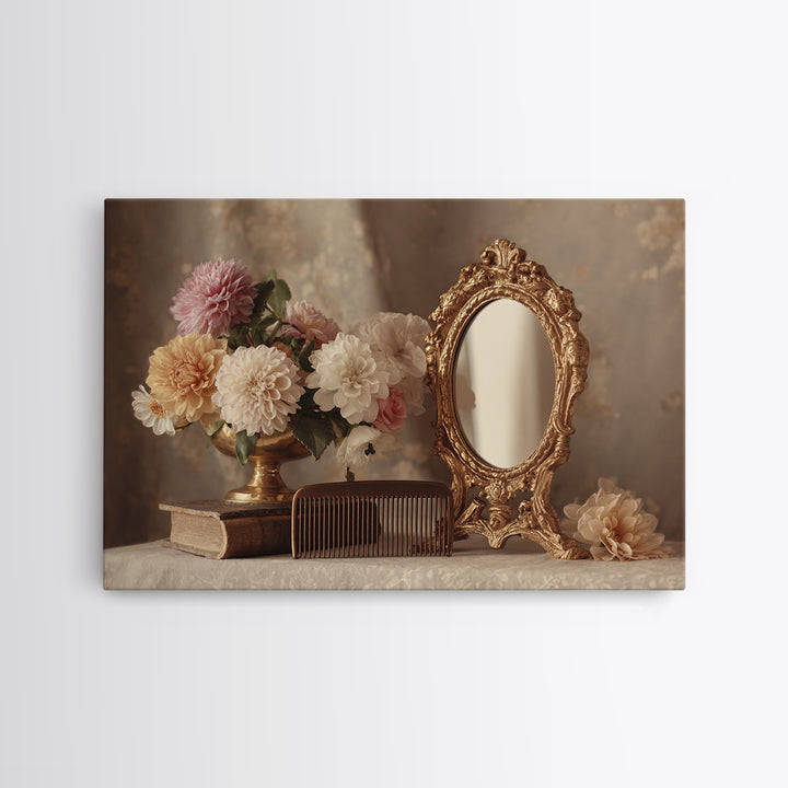 Baroque Mirror and Comb Still Life Canvas Print, Hair Salon Art, Black Owned Art, Living Room Decor, Fine Art, Style, HSA-3x2-21