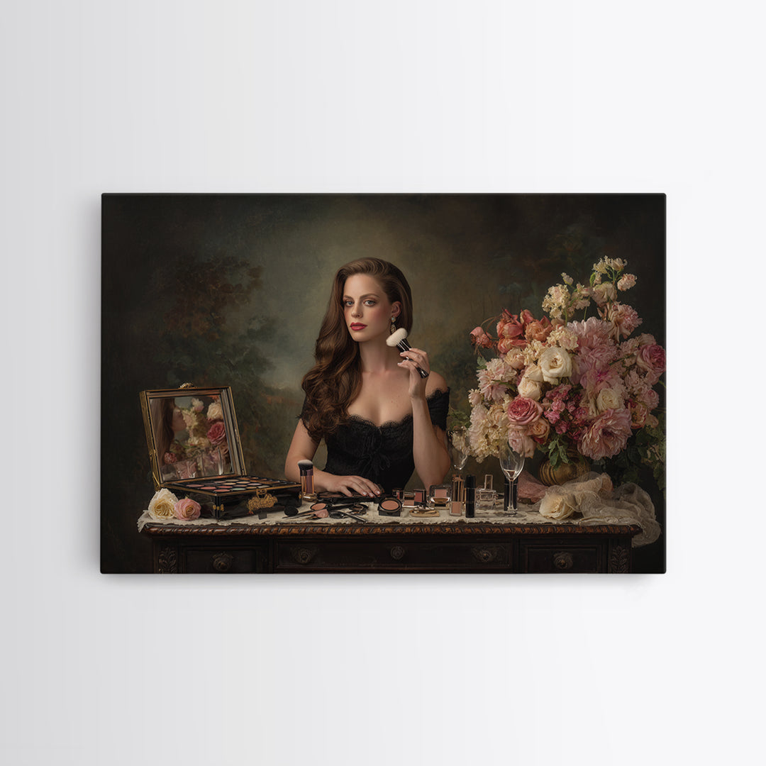 Makeup Palette and Flowers Arrangement Canvas Print, Hair Salon Art, Black Art, Living Room Decor, Watercolor Art, Style, HSA-3x2-22
