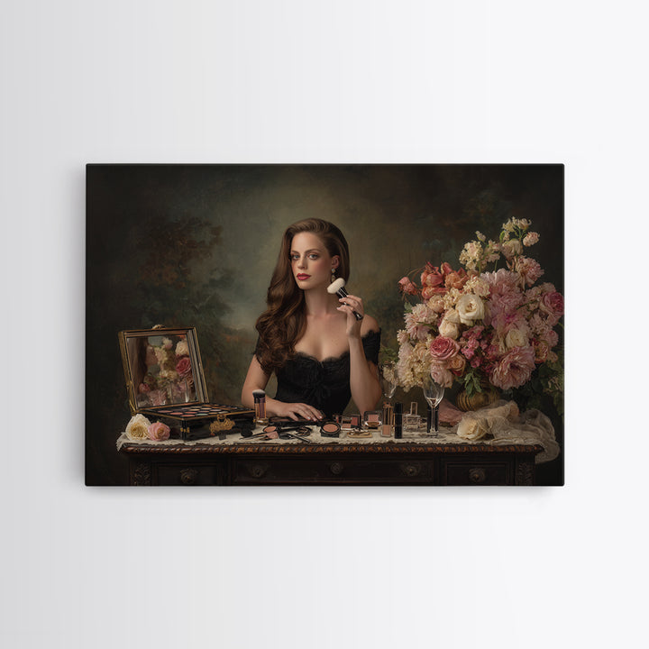 Makeup Palette and Flowers Arrangement Canvas Print, Hair Salon Art, Black Art, Living Room Decor, Watercolor Art, Style, HSA-3x2-22