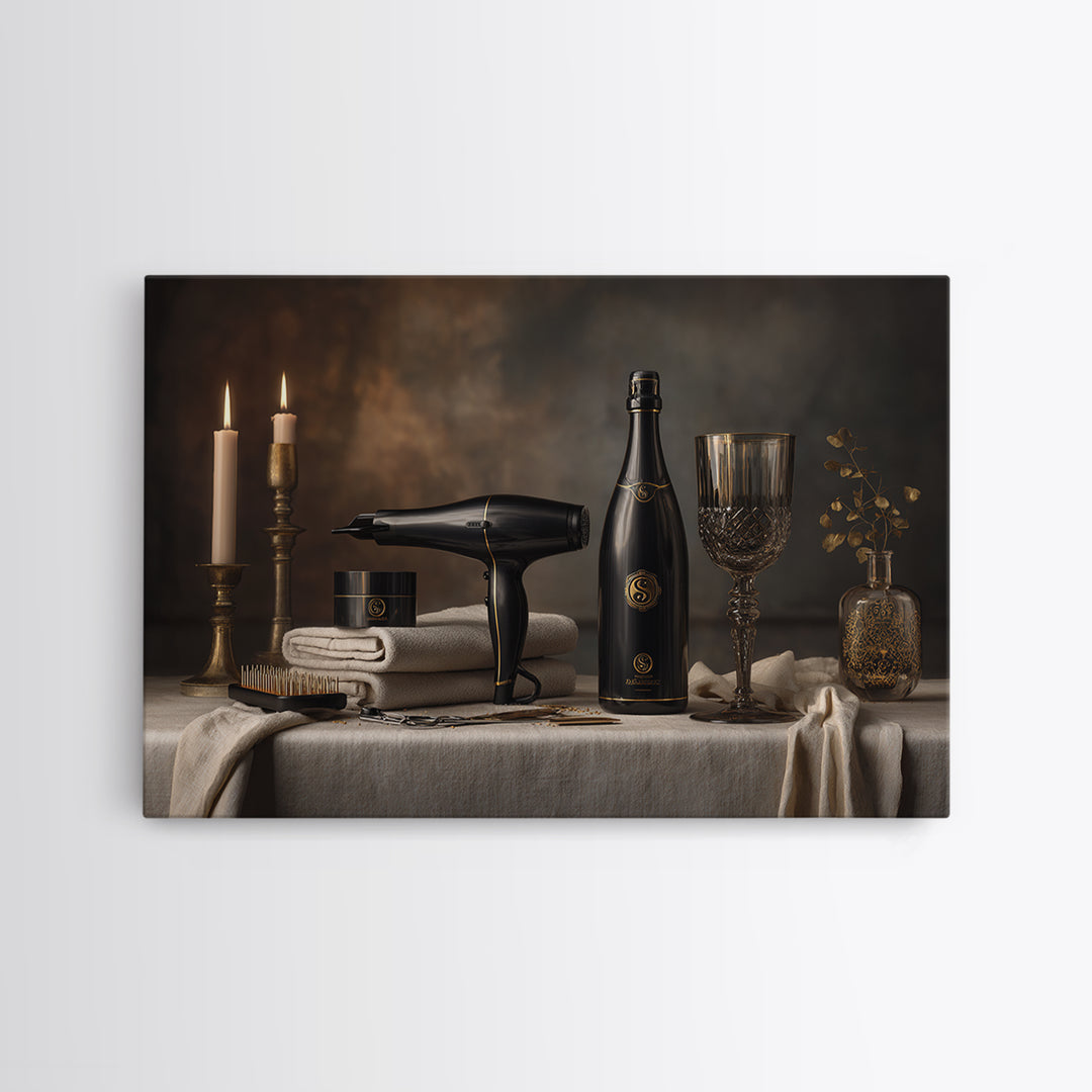 Luxury Black and Gold Beauty Emblem Framed Canvas Print, Hair Salon Art, Black Wall Art, Living Room Decor, Fine Art, Style, HSA-3x2-28