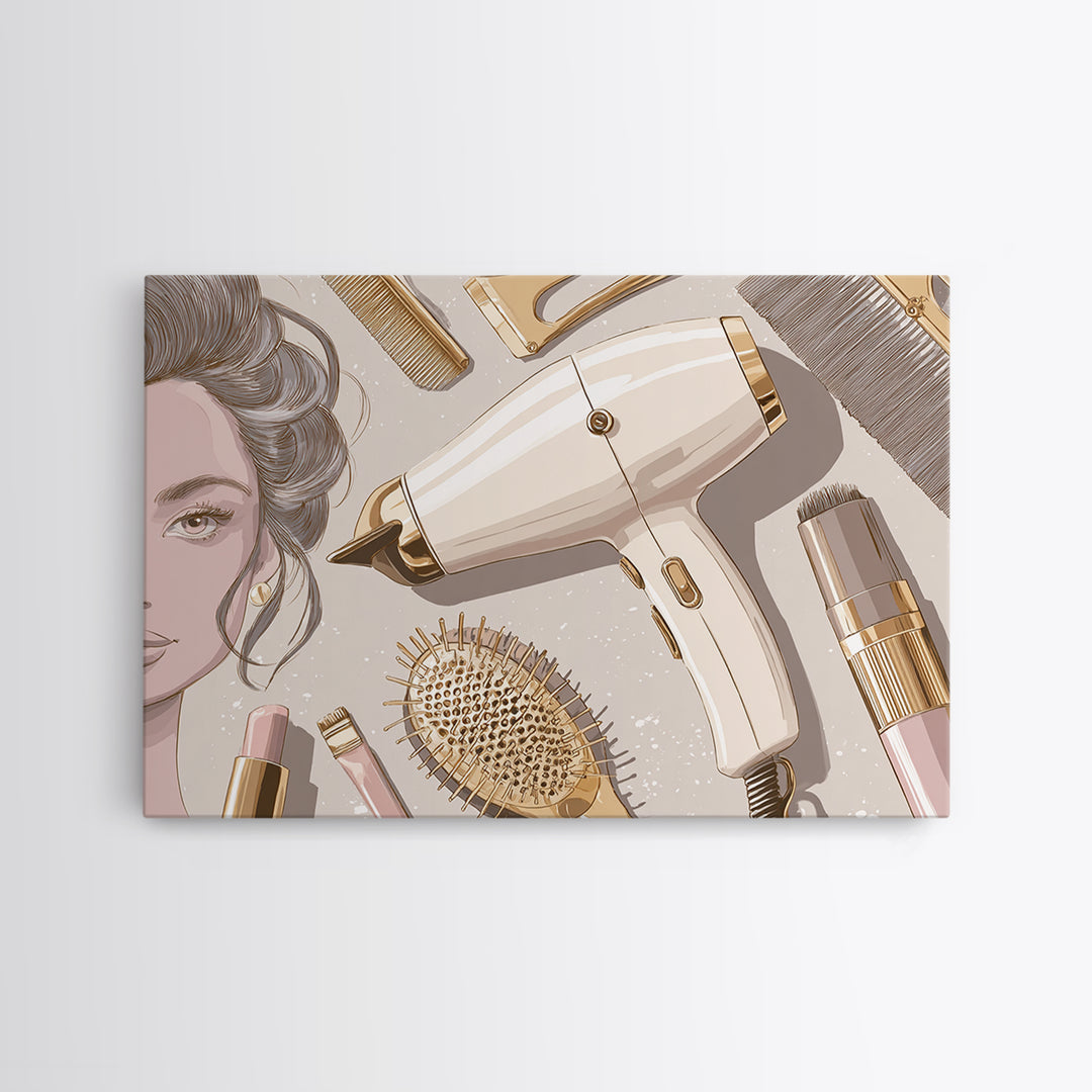 Hairdryer and Brush Canvas Print, Hair Salon Art, Black Girl Art, Living Room Decor, Oil Painting, Style, Modern Decor, HSA-3x2-37