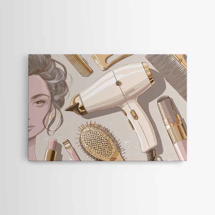 Hairdryer and Brush Canvas Print, Hair Salon Art, Black Girl Art, Living Room Decor, Oil Painting, Style, Modern Decor, HSA-3x2-37