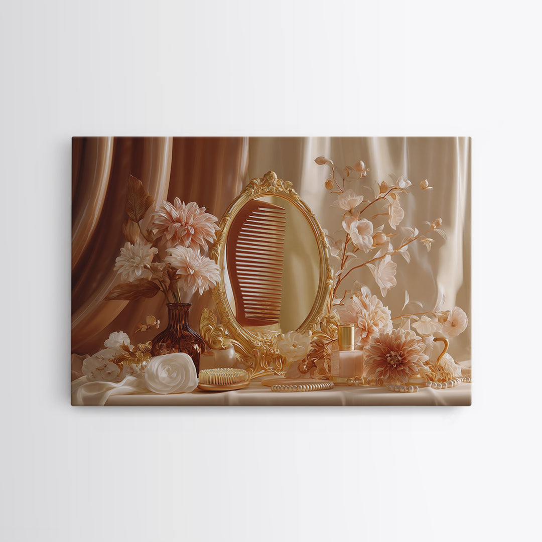 Baroque Mirror and Comb Still Life Framed Canvas Print, Hair Salon Art, Afrocentric Art, Living Room Decor, Fine Art, Style, HSA-3x2-45