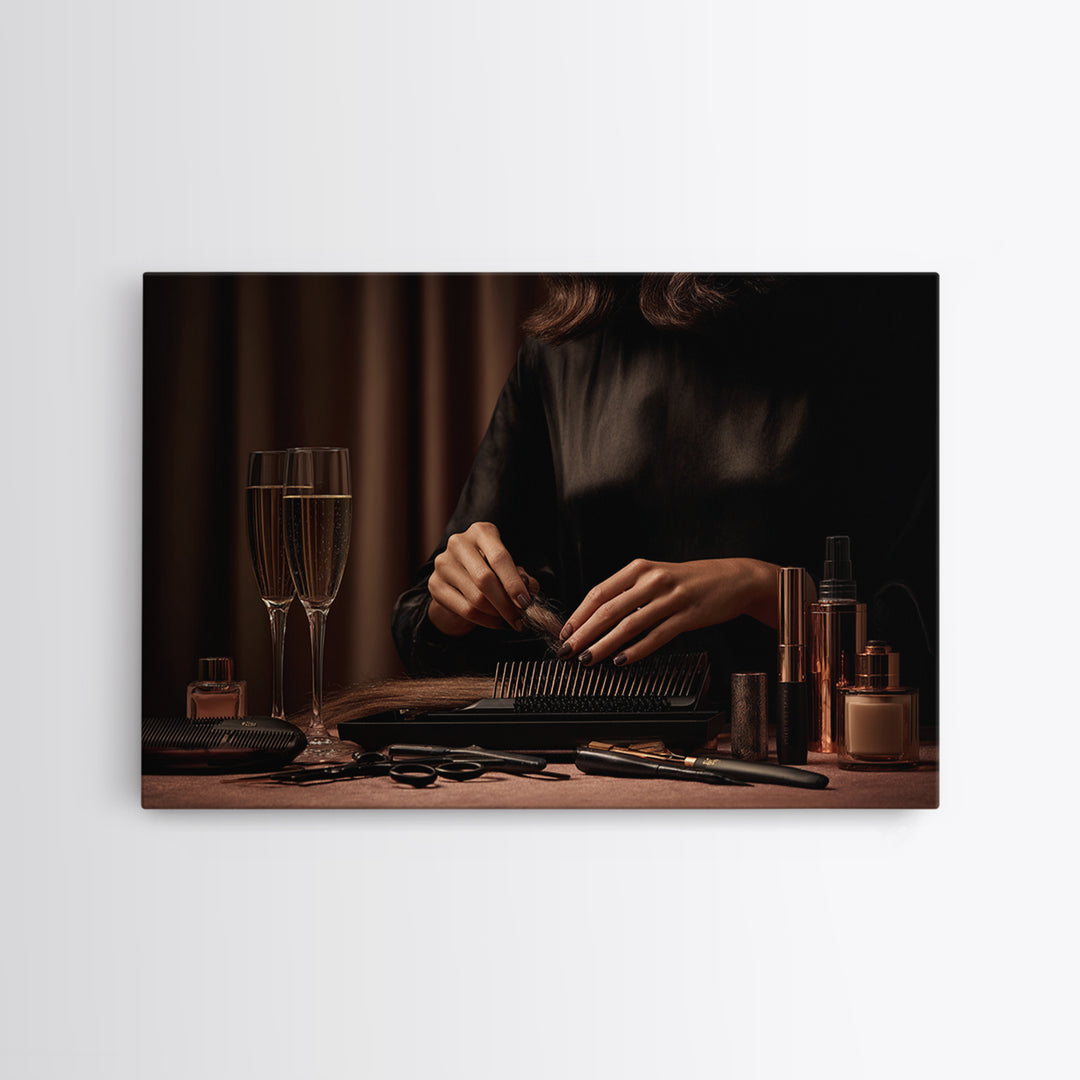 Elegant Hands Styling Hair Framed Canvas Print, Hair Salon Art, African Art, Living Room Decor, Oil Painting, Style, HSA-3x2-50