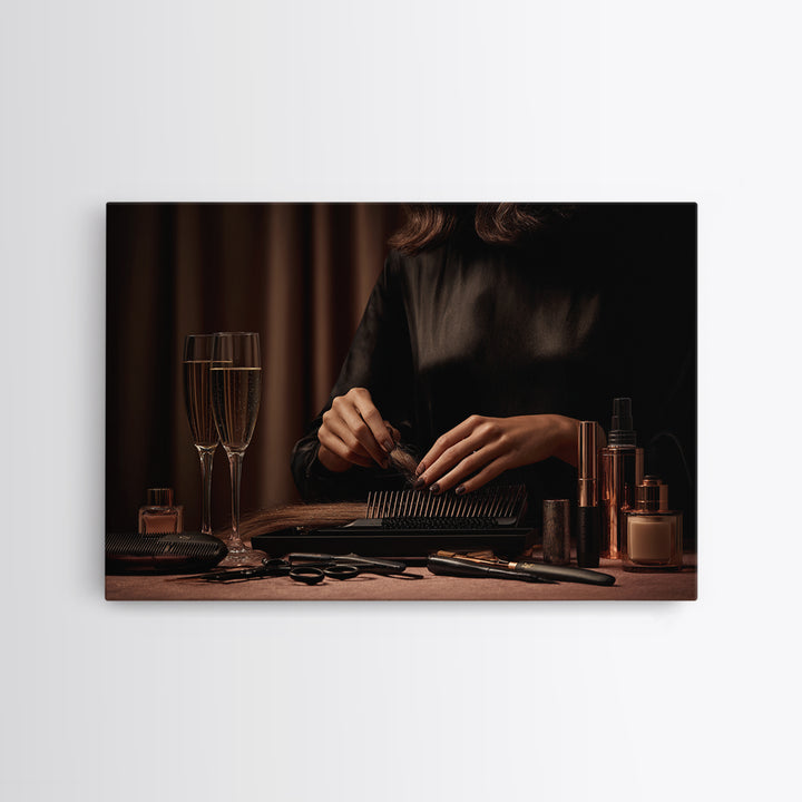 Elegant Hands Styling Hair Framed Canvas Print, Hair Salon Art, African Art, Living Room Decor, Oil Painting, Style, HSA-3x2-50